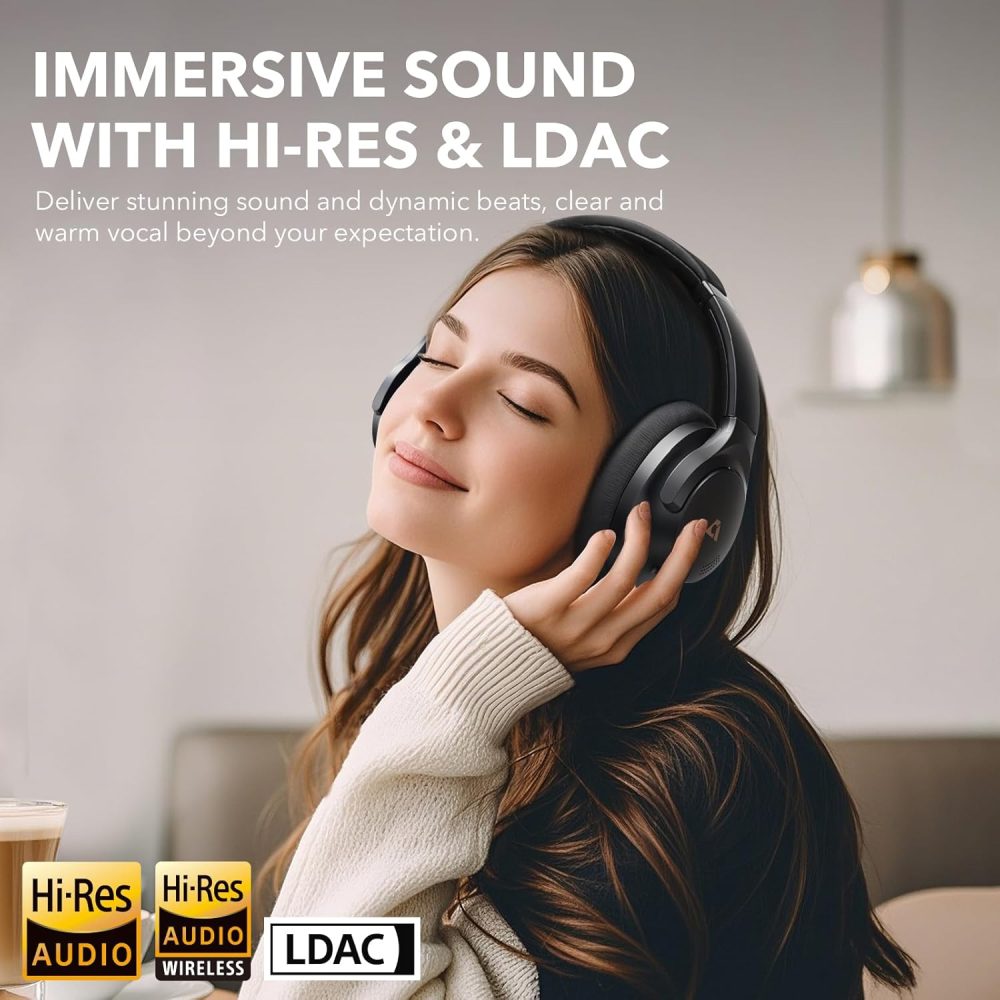 1Mii Y8 Noise Cancelling Headphones, Wireless LDAC Hi-Res Audio, 75H Battery Life, Comfortable, Over Ear Headphones Bluetooth 5.3 for Plane/Travel/Office - Black - Image 2