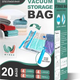 WTREE 20 Pack Vacuum Storage Bags, Space Saver Bags, Vacuum Sealed Bags for Comforters, Blankets, Clothes Storage, Hand Pump Included (4 Jumbo/4 Large/4 Medium/8 Small)