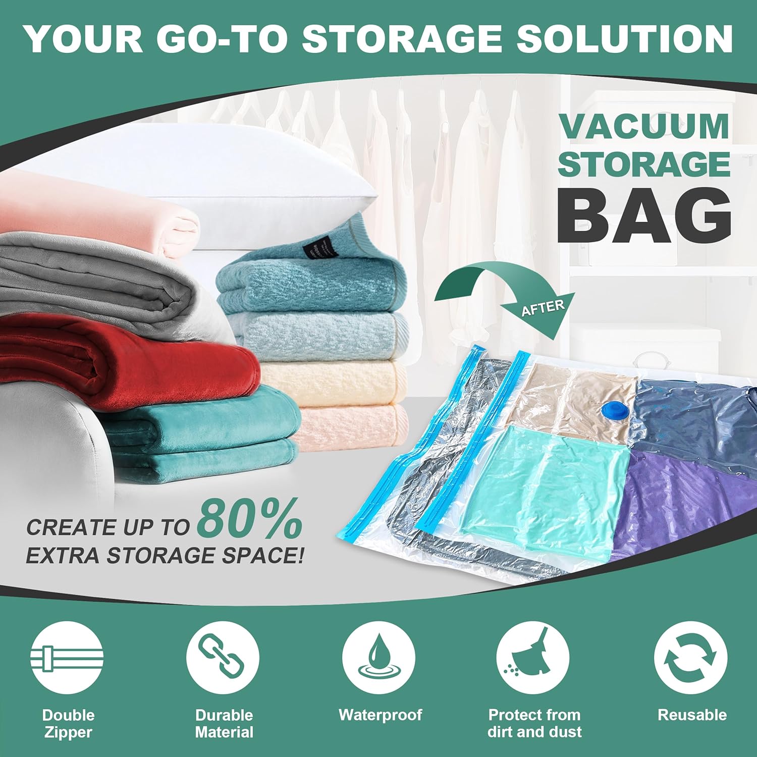 WTREE 20 Pack Vacuum Storage Bags, Space Saver Bags, Vacuum Sealed Bags for Comforters, Blankets, Clothes Storage, Hand Pump Included (4 Jumbo/4 Large/4 Medium/8 Small) - Image 2