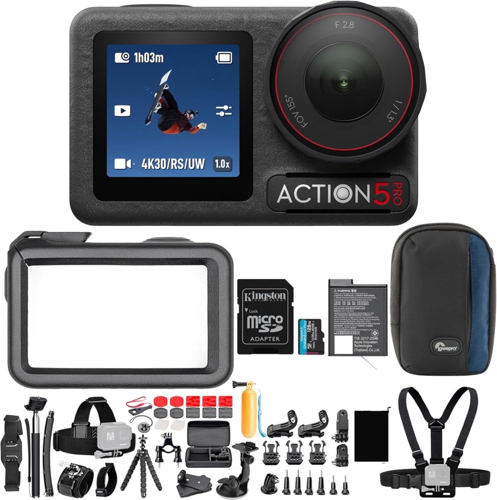 DJI Osmo Action 5 Pro Standard Combo with 50-in-1 Action Camera Accessories, 128GB SD Card, and Travel Case Bundle - Powerful New 1/1.3-in Sensor with 47GB Storage & 155 FOV (4 Items)